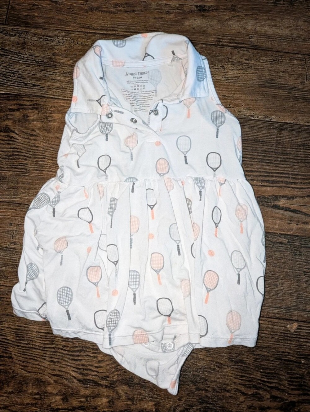 Angel Dear White Baby One-Piece with Gray and Peach Tennis Racket Print